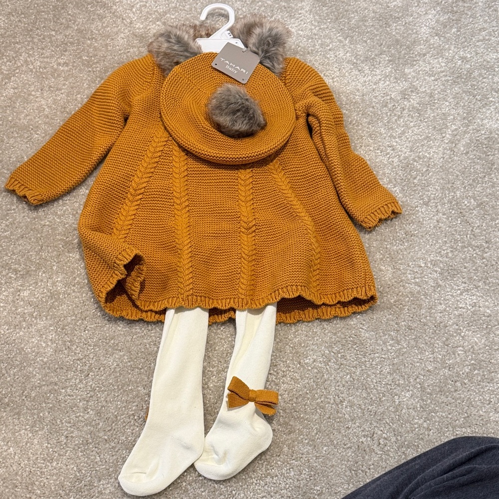 Tahari Mustard Knit Set with Beret and Tights